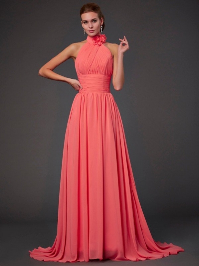 A-Line/Princess Halter Sleeveless Hand-Made Flower Long Chiffon Bridesmaid Dresses [40237]