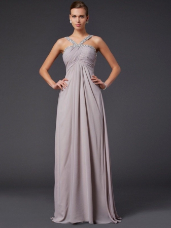 A-Line/Princess Halter Sleeveless Beading Long Chiffon Dresses