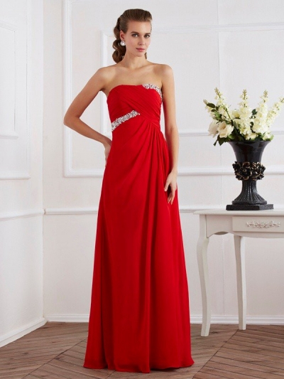 Sheath/Column Strapless Sleeveless Beading Long Chiffon Dresses