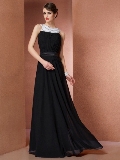 Sheath/Column Scoop Sleeveless Beading Long Chiffon Dresses [40422]