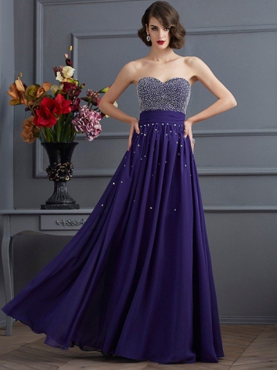 A-Line/Princess Sweetheart Sleeveless Beading Long Chiffon Dresses [40432]