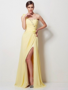 A-Line/Princess One-Shoulder Sleeveless Beading Long Chiffon Dresses