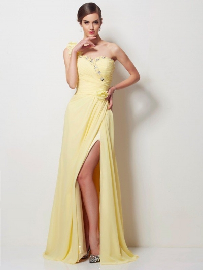 A-Line/Princess One-Shoulder Sleeveless Beading Long Chiffon Dresses [40555]