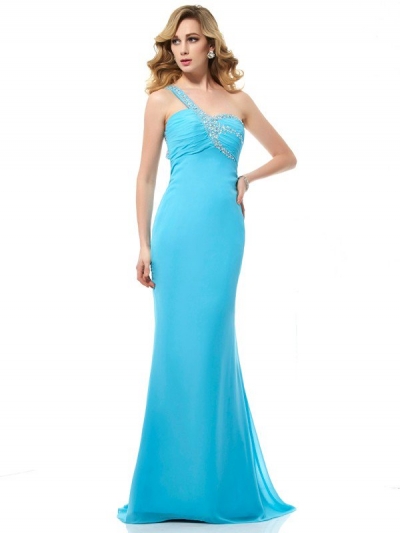 Trumpet/Mermaid One-Shoulder Sleeveless Beading Long Chiffon Dresses [40607]