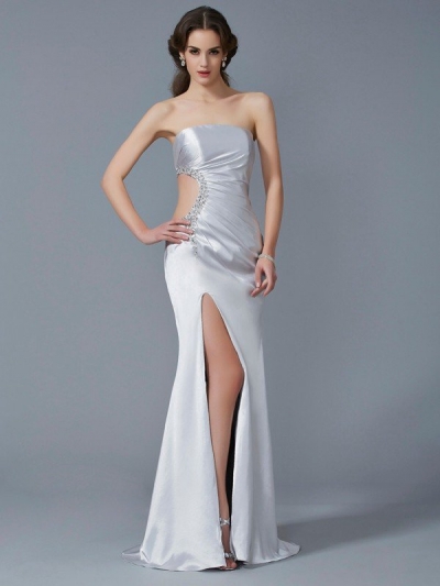 Trumpet/Mermaid Strapless Sleeveless Beading Long Elastic Woven Satin Dresses [40620]