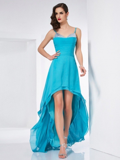 A-Line/Princess Spaghetti Straps Sleeveless High Low Chiffon Dresses [40659]