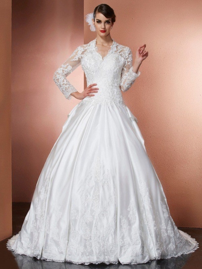 A-Line/Princess V-neck Long Sleeves Applique Long Satin Wedding Dresses [40684]