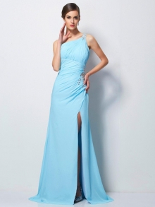 Sheath/Column One-Shoulder Sleeveless Beading Long Chiffon Dresses