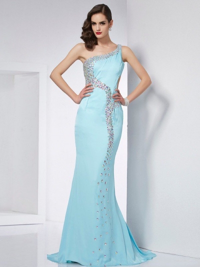 Trumpet/Mermaid One-Shoulder Sleeveless Beading Long Chiffon Dresses [40698]