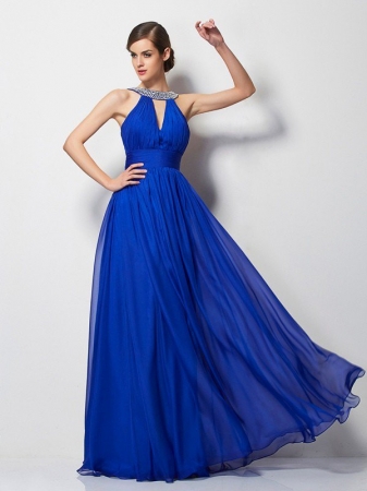 A-Line/Princess V-neck Sleeveless Beading Long Chiffon Dresses