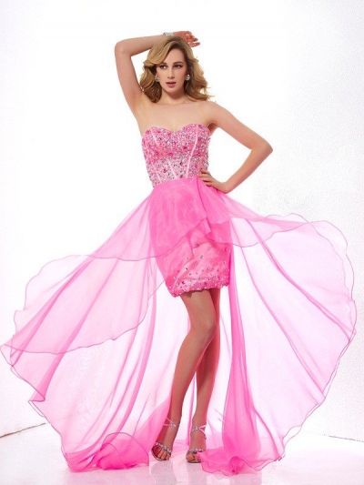 A-Line/Princess Sweetheart Sleeveless Beading High Low Organza Dresses [40768]