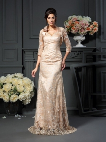 A-Line/Princess V-neck Lace Sleeveless Long Elastic Woven Satin Mother of the Bride Dresses