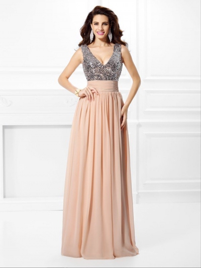 A-Line/Princess V-neck Paillette Sleeveless Long Chiffon Dresses [50034]