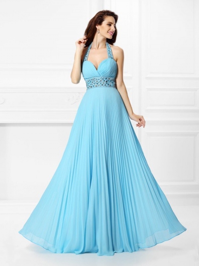 A-Line/Princess Halter Rhinestone Sleeveless Long Chiffon Dresses [50145]