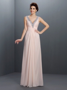 A-Line/Princess V-neck Beading Sleeveless Long Chiffon Dresses