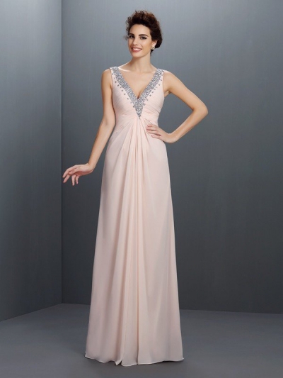 A-Line/Princess V-neck Beading Sleeveless Long Chiffon Dresses [50191]