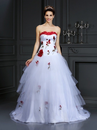 Ball Gown Strapless Hand-Made Flower Sleeveless Long Satin Wedding Dresses