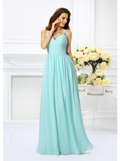 A-Line/Princess Spaghetti Straps Pleats Sleeveless Long Chiffon Dresses [50229]