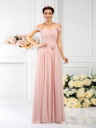 A-Line/Princess Spaghetti Straps Pleats Sleeveless Long Chiffon Bridesmaid Dresses [50355]