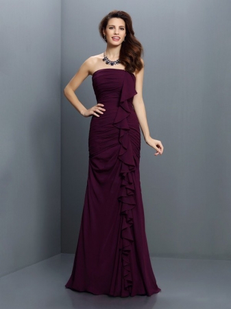 Trumpet/Mermaid Strapless Pleats Sleeveless Long Chiffon Bridesmaid Dresses