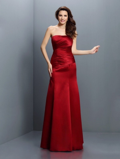 Sheath/Column Strapless Pleats Sleeveless Long Satin Bridesmaid Dresses [50481]