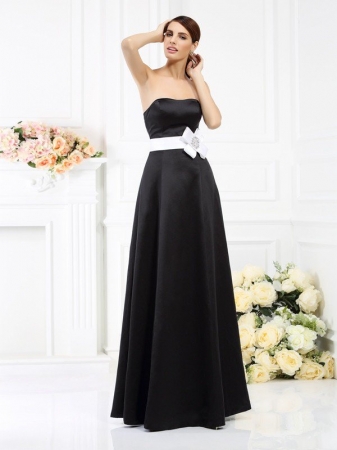 A-Line/Princess Strapless Sash/Ribbon/Belt Sleeveless Long Satin Bridesmaid Dresses