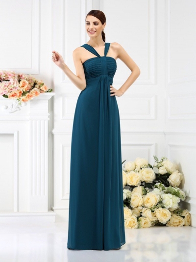 A-Line/Princess Straps Pleats Sleeveless Long Chiffon Bridesmaid Dresses [50508]