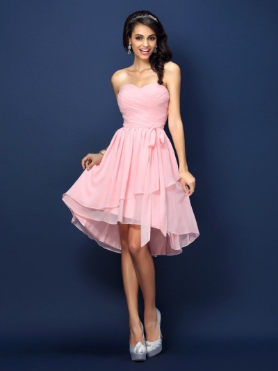 A-Line/Princess Sweetheart Pleats Bowknot Sleeveless Short Chiffon Bridesmaid Dresses [50560]