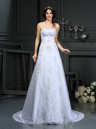 A-Line/Princess Strapless Applique Sleeveless Long Satin Wedding Dresses