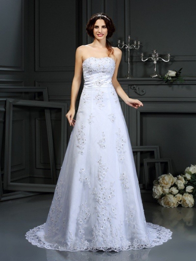 A-Line/Princess Strapless Applique Sleeveless Long Satin Wedding Dresses [51115]