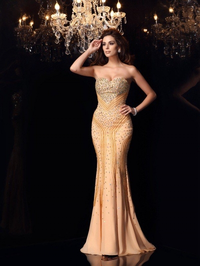 Trumpet/Mermaid Sweetheart Beading Sleeveless Long Chiffon Dresses [51142]