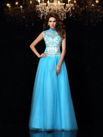 A-Line/Princess High Neck Applique Sleeveless Long Satin Dresses [51178]