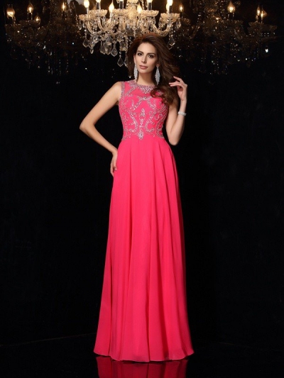 A-Line/Princess Scoop Beading Sleeveless Long Chiffon Dresses [51243]