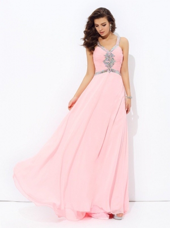 A-line/Princess Straps Beading Sleeveless Long Chiffon Dresses