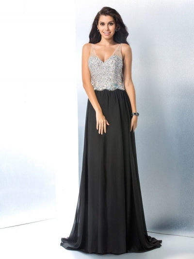 A-Line/Princess V-neck Beading Sleeveless Long Chiffon Dresses [60202]