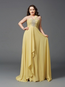 A-Line/Princess One-Shoulder Rhinestone Sleeveless Long Chiffon Plus Size Dresses