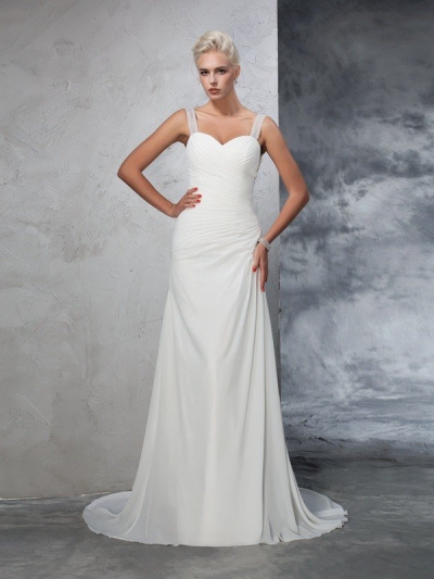 Trumpet/Mermaid Straps Ruched Sleeveless Long Chiffon Wedding Dresses [60234]