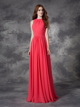 A-line/Princess Jewel Ruffles Sleeveless Long Chiffon Bridesmaid Dresses