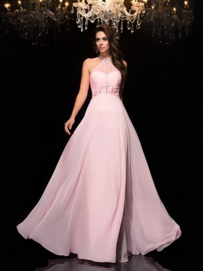 A-Line/Princess Halter Beading Sleeveless Long Chiffon Dresses [60546]