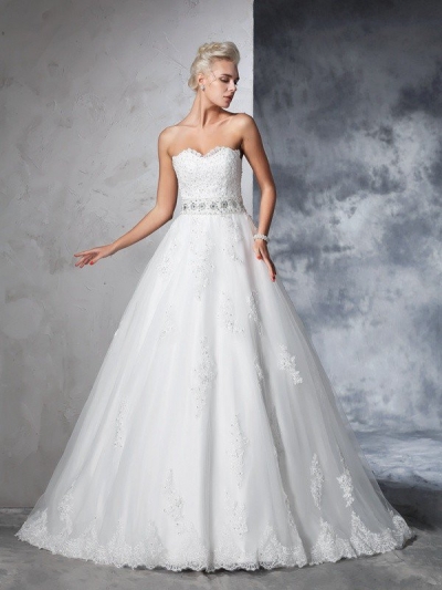 Ball Gown Sweetheart Applique Sleeveless Long Net Wedding Dresses [60648]