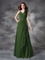 A-line/Princess V-neck Hand-Made Flower Sleeveless Long Chiffon Bridesmaid Dresses