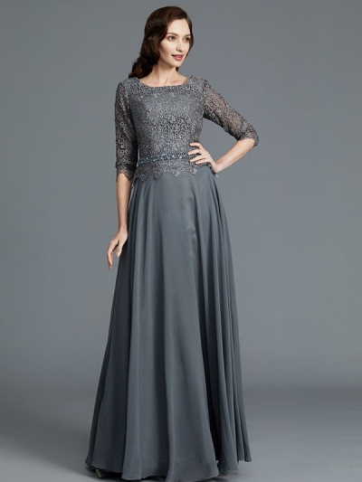 A-Line/Princess Scoop 1/2 Sleeves Chiffon Floor-Length Mother of the Bride Dresses [73016]