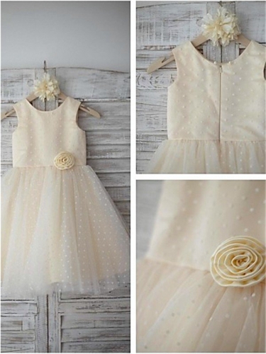 A-line/Princess Scoop Sleeveless Hand-made Flower Floor-Length Tulle Flower Girl Dresses