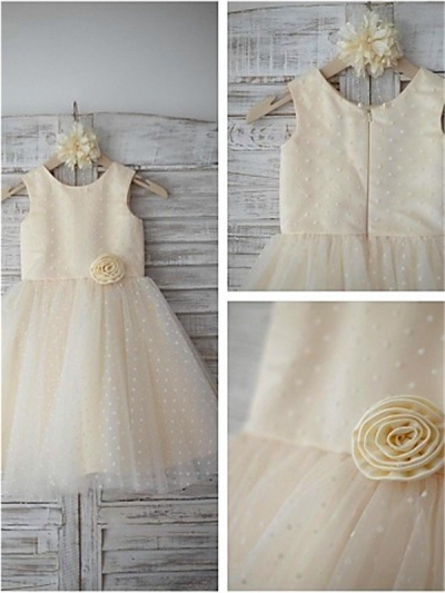 A-line/Princess Scoop Sleeveless Hand-made Flower Floor-Length Tulle Flower Girl Dresses [EL1605513]