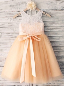 A-line/Princess Sleeveless Scoop Sash/Ribbon/Belt Floor-Length Tulle Flower Girl Dresses