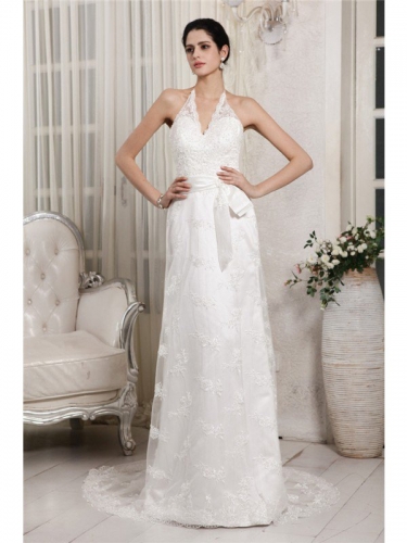 Sheath/Column V-neck Sleeveless Lace Applique Long Net Wedding Dresses