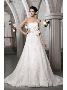 A-Line/Princess Strapless Sleeveless Beading Applique Hand-Made Flower Long Satin Wedding Dresses