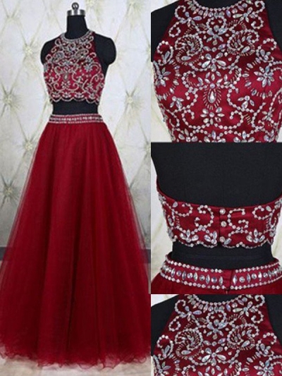 A-Line/Princess Sleeveless Jewel Tulle Beading Floor-Length Two Piece Dresses [PO16033PO372]