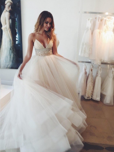 Ball Gown Spaghetti Straps Sleeveless Crystal Court Train Tulle Wedding Dresses [PO16033PO532]