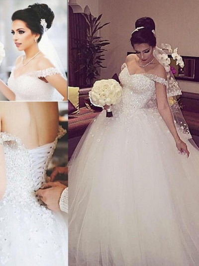 Ball Gown Off-the-Shoulder Sleeveless Lace Court Train Tulle Wedding Dresses [PO16033PO536]